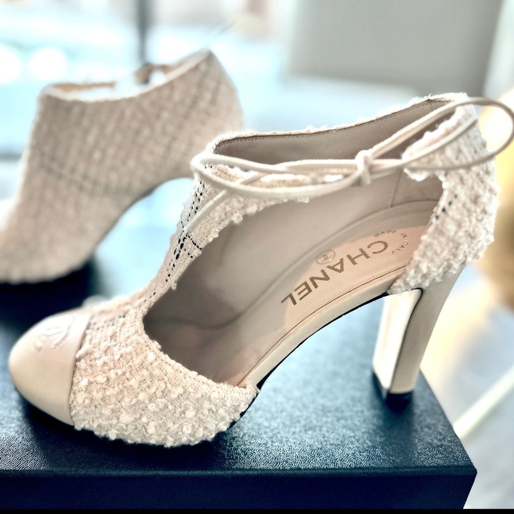 Chanel Open shoes 37.5 Tweed & Lambskin Ivory, white, beige